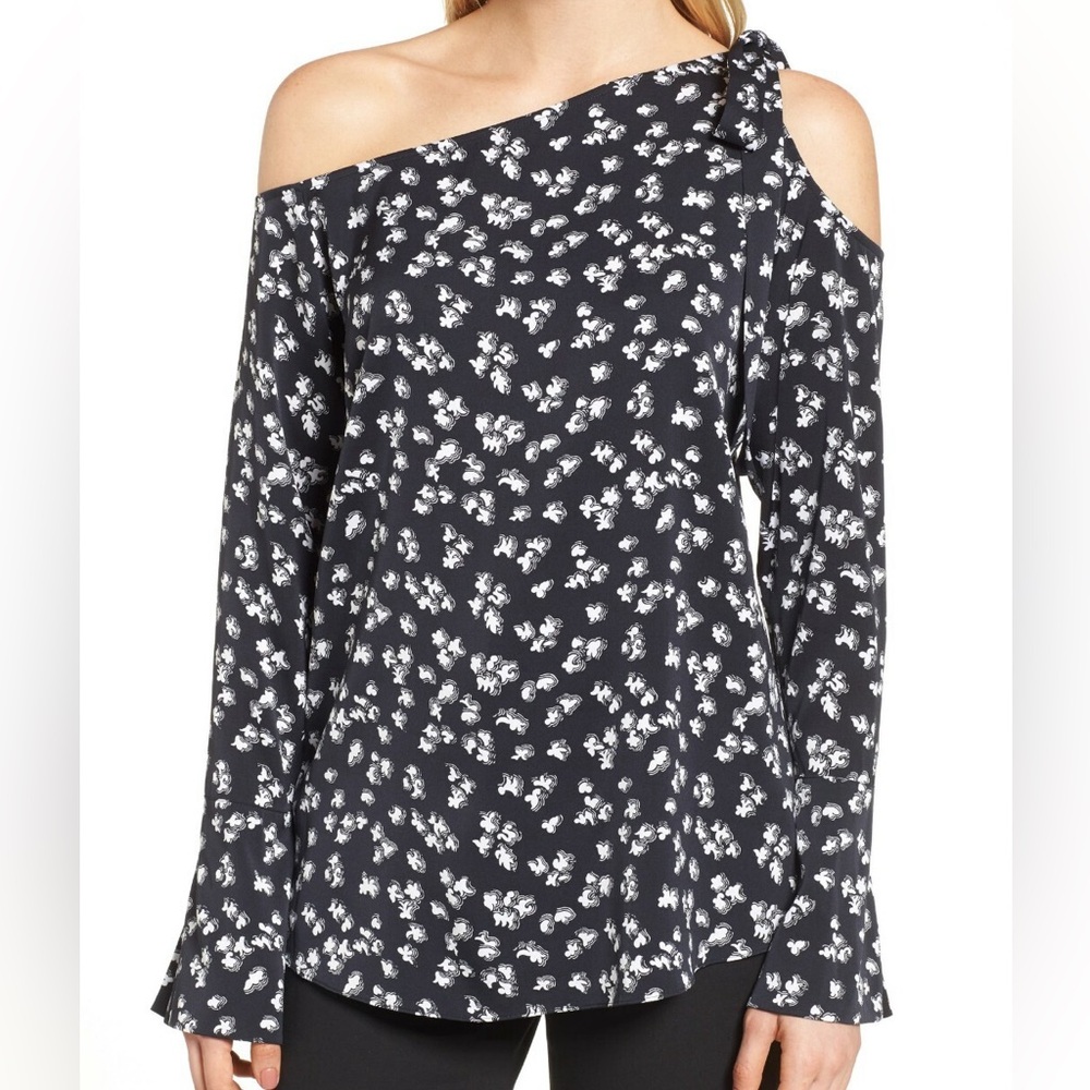 NWT LEWIT womens size S Mari silk black white pattern bow asymmetrical blouse
